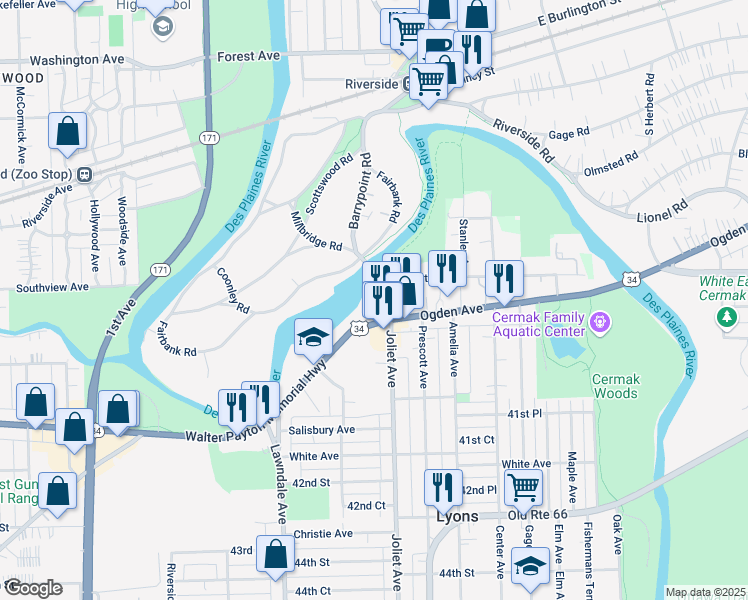 map of restaurants, bars, coffee shops, grocery stores, and more near Barrypoint Road in Lyons