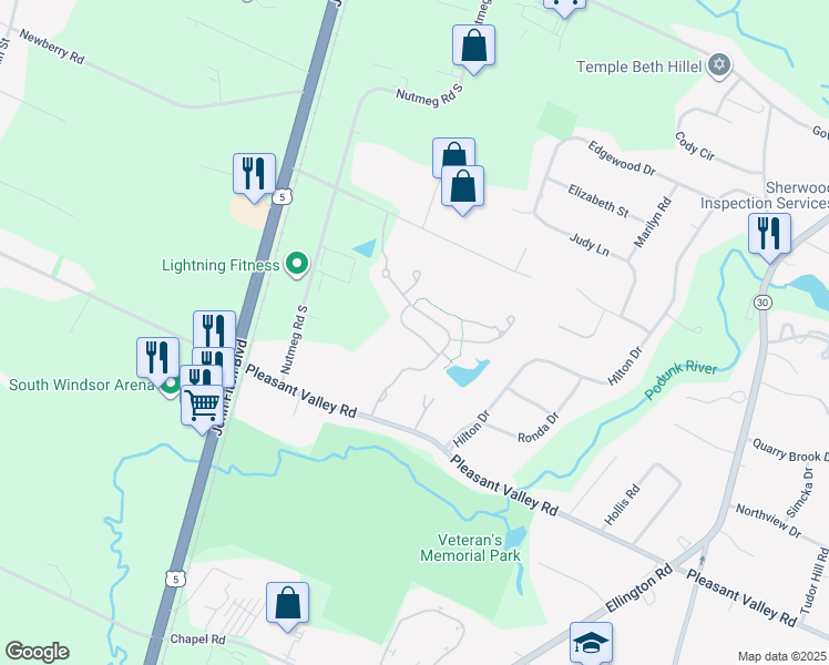 map of restaurants, bars, coffee shops, grocery stores, and more near Lexie Lane in South Windsor