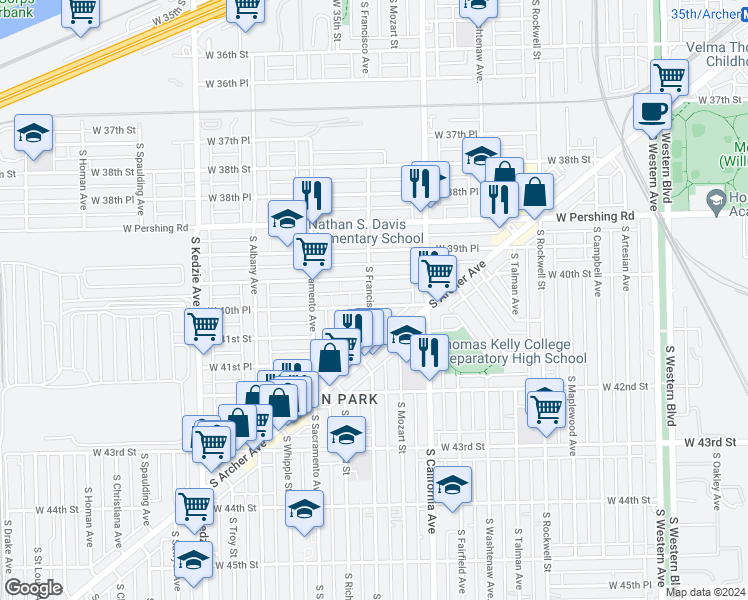 map of restaurants, bars, coffee shops, grocery stores, and more near 4023 South Francisco Avenue in Chicago