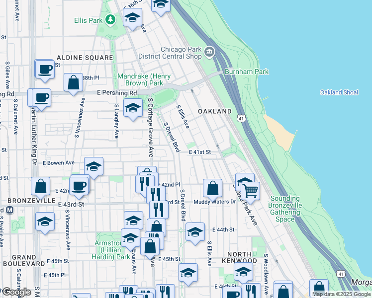 map of restaurants, bars, coffee shops, grocery stores, and more near 900 East 41st Street in Chicago