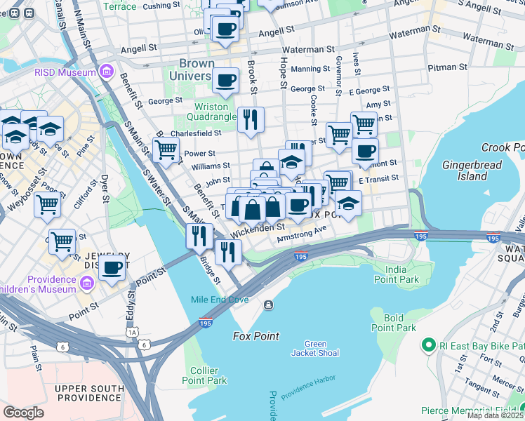 map of restaurants, bars, coffee shops, grocery stores, and more near 128 Brook Street in Providence