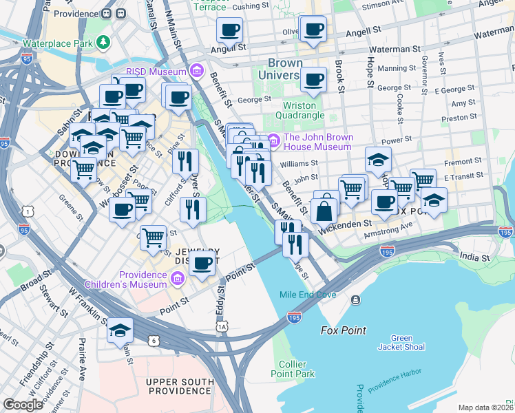 map of restaurants, bars, coffee shops, grocery stores, and more near South Water Street in Providence