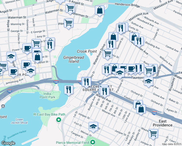map of restaurants, bars, coffee shops, grocery stores, and more near 65 Valley Street in East Providence