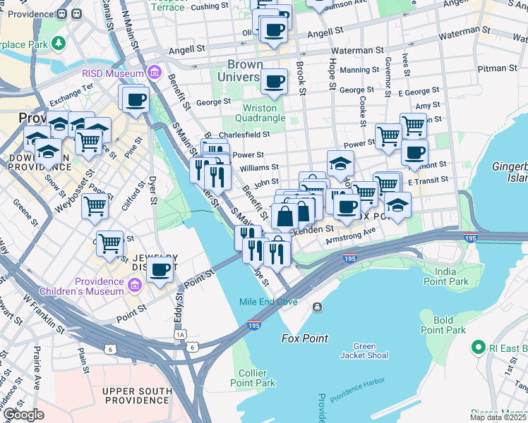 map of restaurants, bars, coffee shops, grocery stores, and more near 405 Benefit Street in Providence