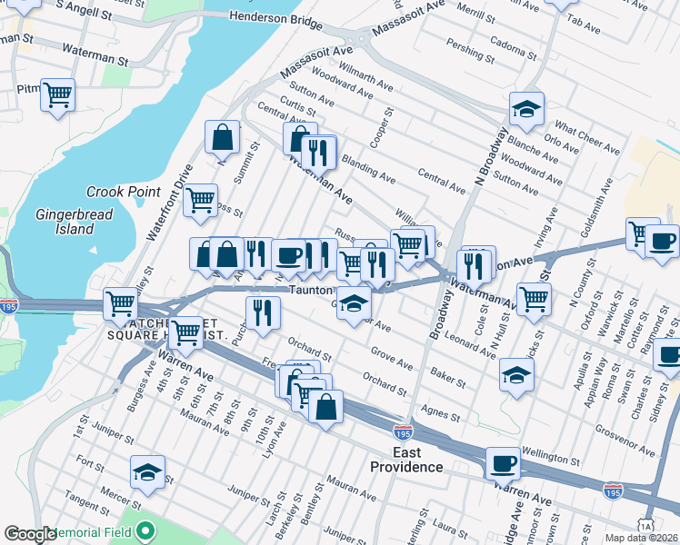 map of restaurants, bars, coffee shops, grocery stores, and more near 222 Taunton Avenue in East Providence