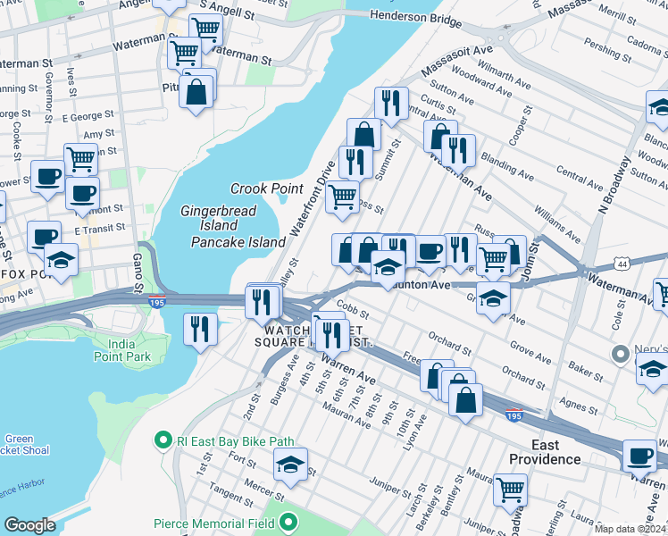 map of restaurants, bars, coffee shops, grocery stores, and more near 30 Summit Street in East Providence