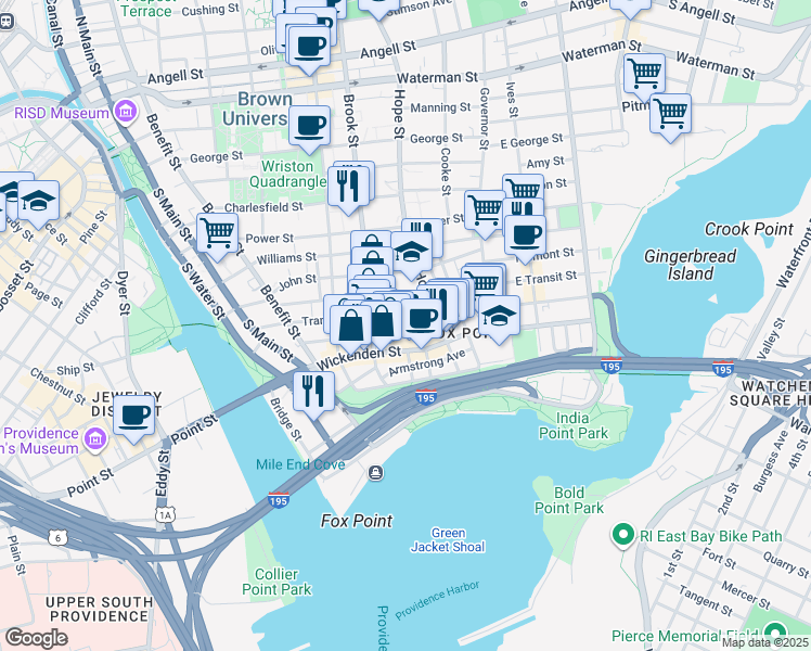map of restaurants, bars, coffee shops, grocery stores, and more near 105 Sheldon Street in Providence