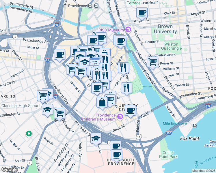 map of restaurants, bars, coffee shops, grocery stores, and more near 150 Richmond Street in Providence