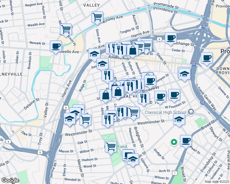 map of restaurants, bars, coffee shops, grocery stores, and more near 84 Courtland Street in Providence