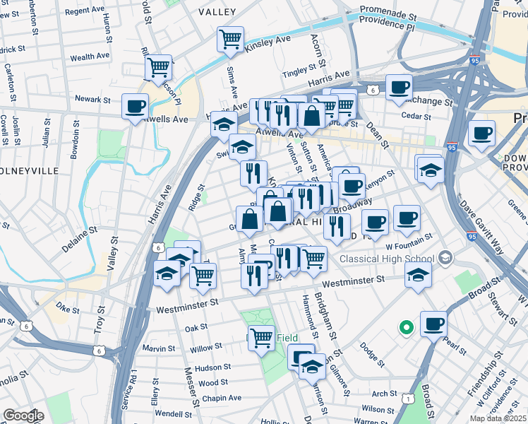 map of restaurants, bars, coffee shops, grocery stores, and more near 84 Courtland Street in Providence