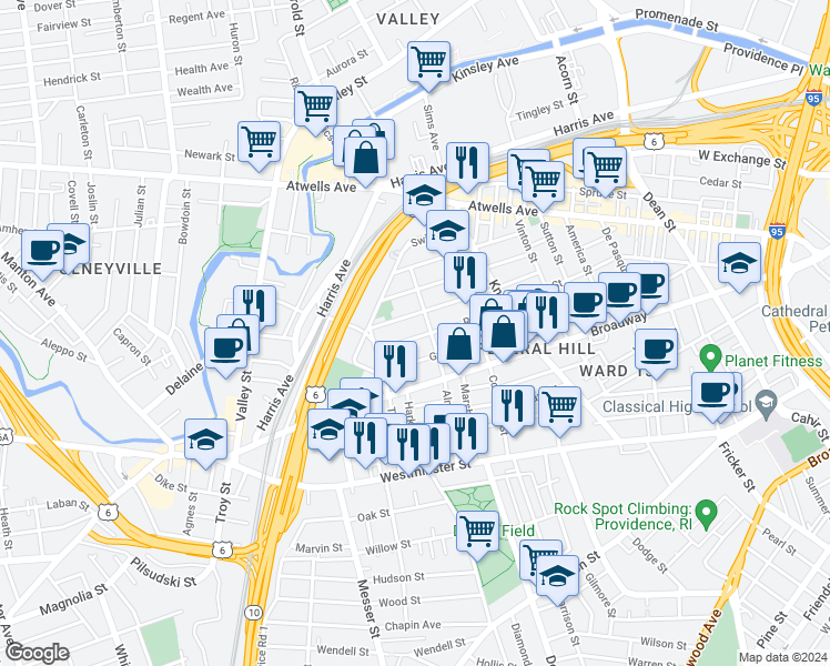 map of restaurants, bars, coffee shops, grocery stores, and more near 108 Ring Street in Providence