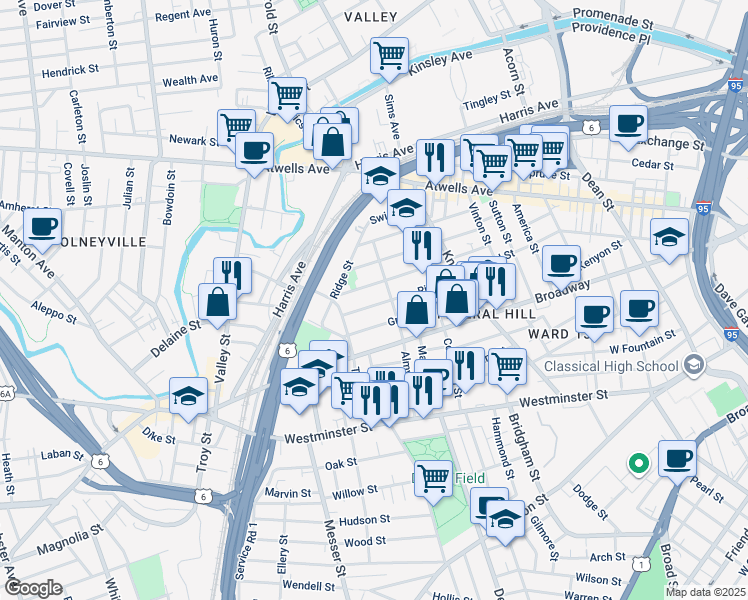 map of restaurants, bars, coffee shops, grocery stores, and more near 102 Ring Street in Providence