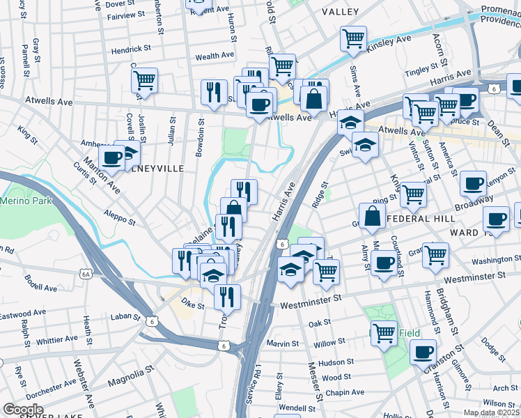 map of restaurants, bars, coffee shops, grocery stores, and more near 280 Grove Street in Providence