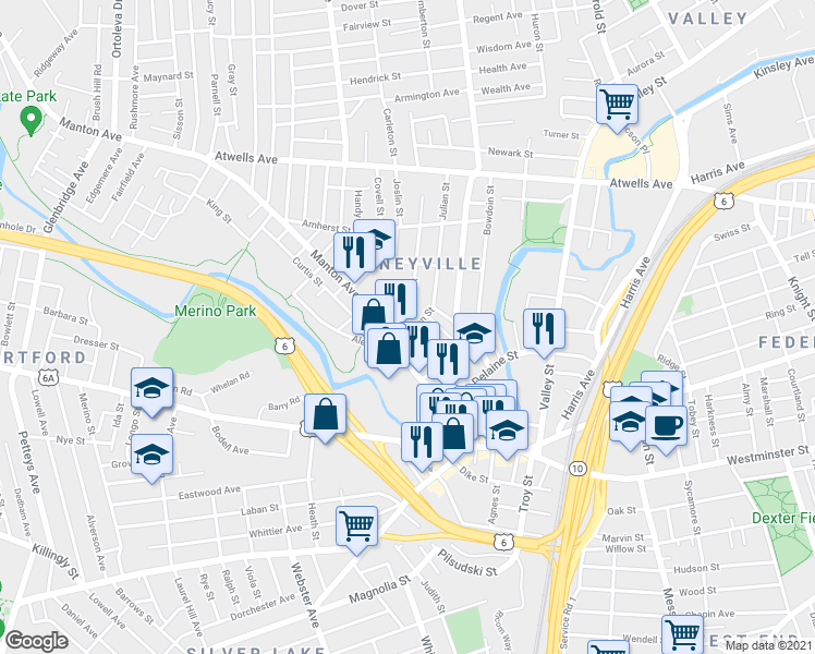 map of restaurants, bars, coffee shops, grocery stores, and more near 165 Manton Avenue in Providence