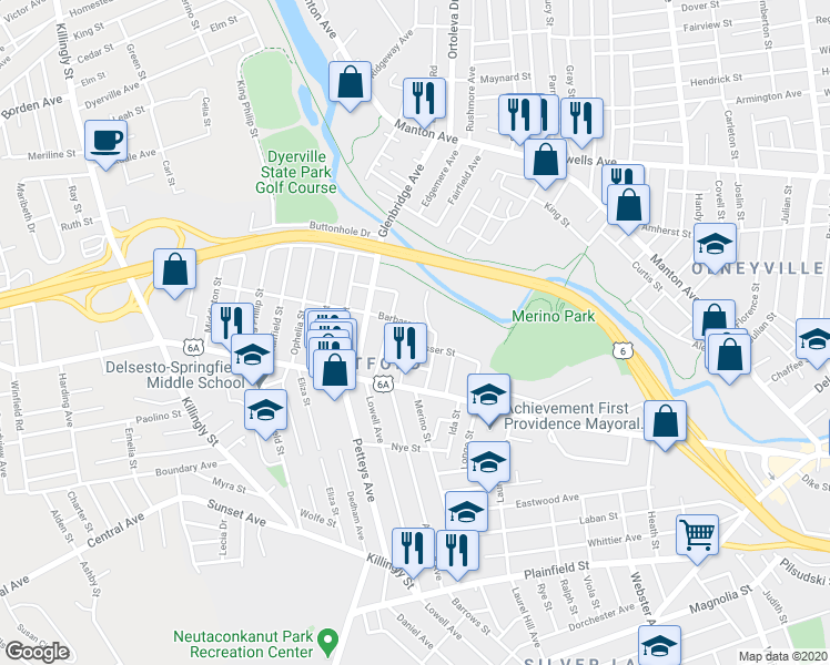 map of restaurants, bars, coffee shops, grocery stores, and more near 42 Ponagansett Avenue in Providence