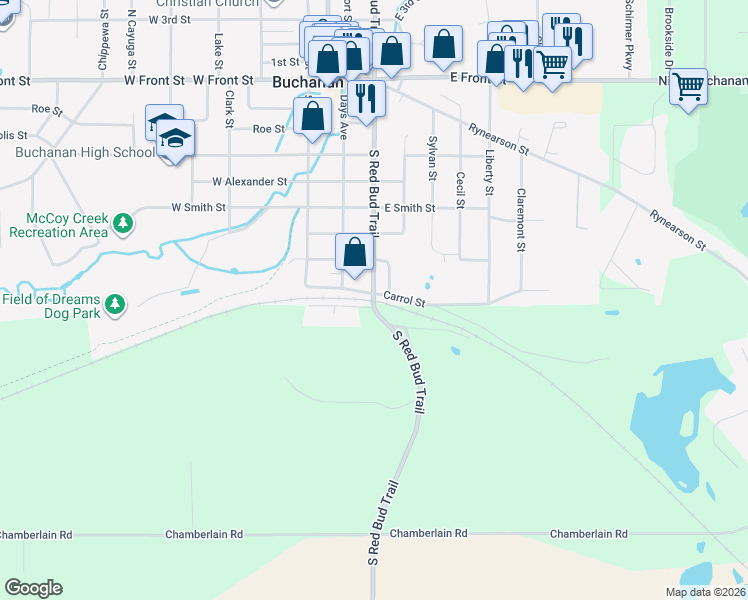 map of restaurants, bars, coffee shops, grocery stores, and more near 806 South Red Bud Trail in Buchanan