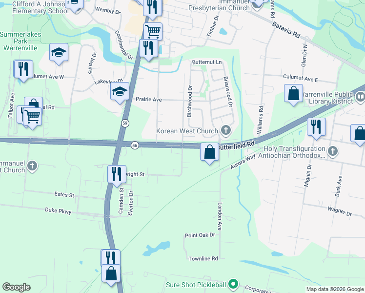 map of restaurants, bars, coffee shops, grocery stores, and more near 3S450 Pattermann Road in Warrenville