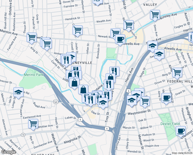 map of restaurants, bars, coffee shops, grocery stores, and more near 24 Audrey Street in Providence