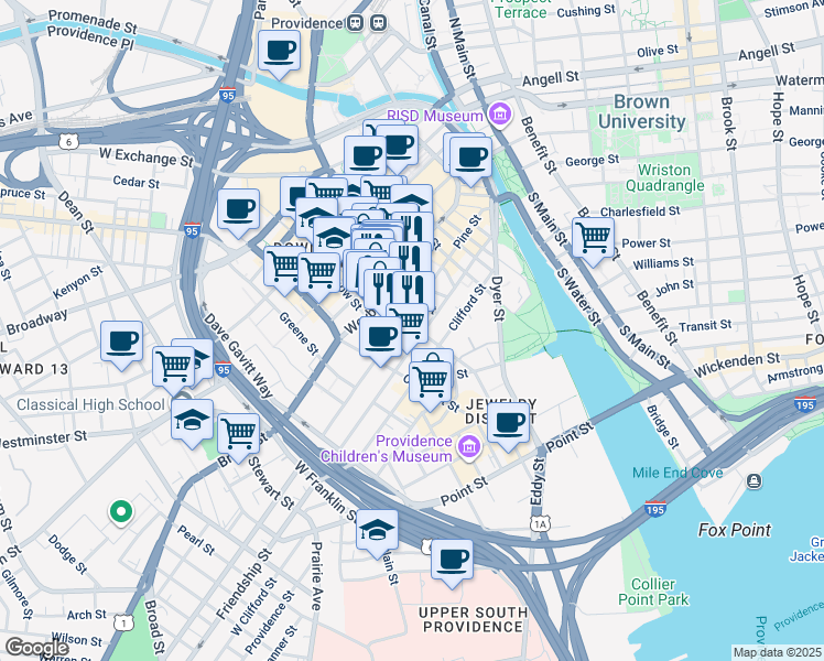 map of restaurants, bars, coffee shops, grocery stores, and more near 165-215 Pine Street in Providence