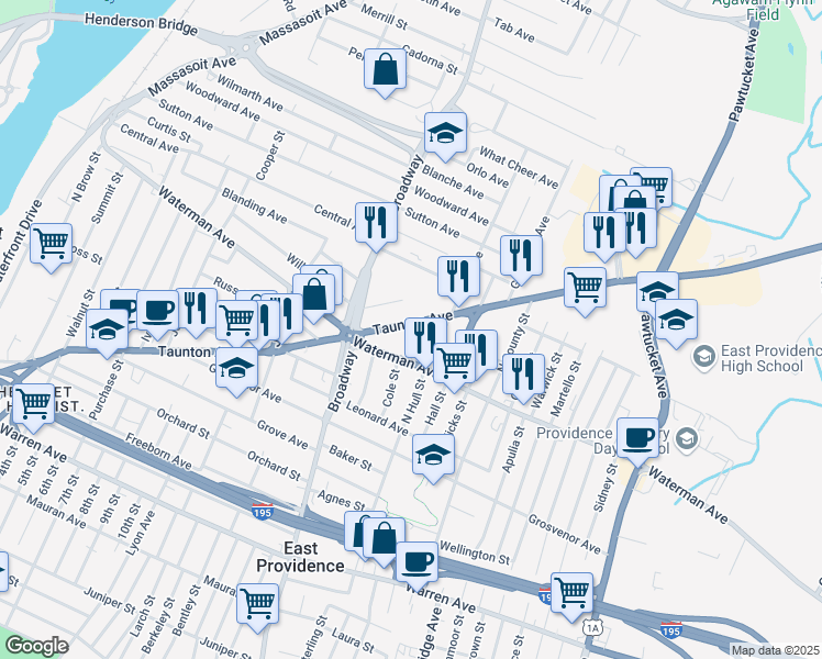 map of restaurants, bars, coffee shops, grocery stores, and more near 12 Cora Street in East Providence