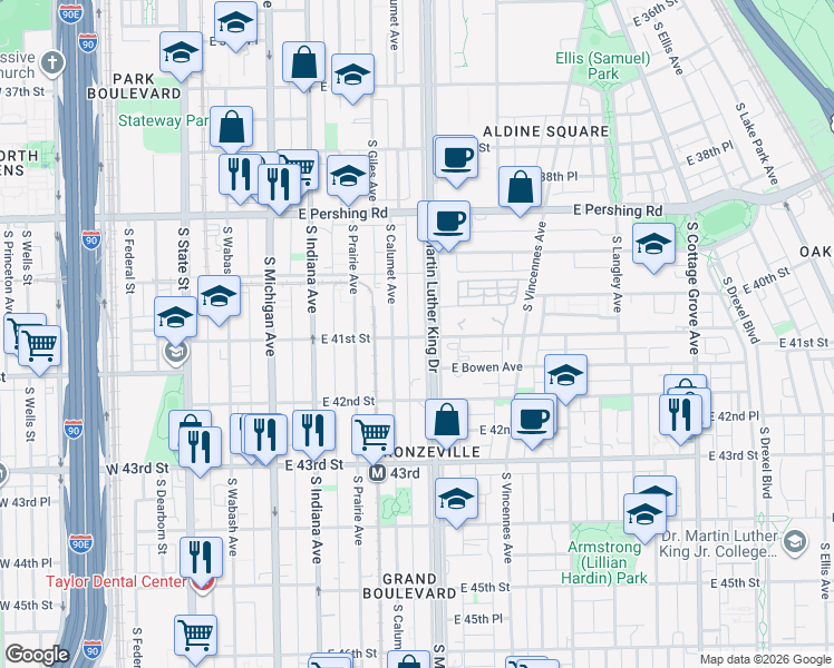 map of restaurants, bars, coffee shops, grocery stores, and more near 4101 South Calumet Avenue in Chicago