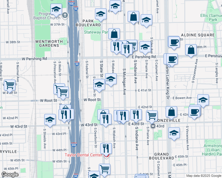 map of restaurants, bars, coffee shops, grocery stores, and more near 4102 South Wabash Avenue in Chicago