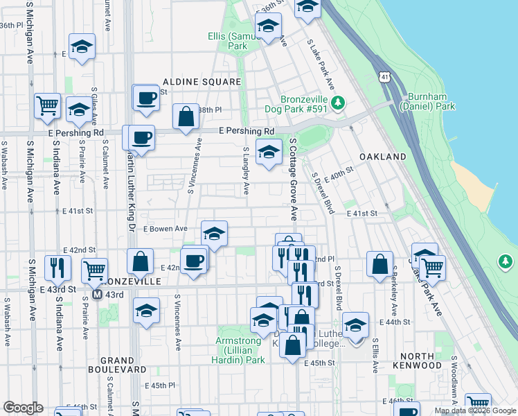 map of restaurants, bars, coffee shops, grocery stores, and more near 711 East 41st Street in Chicago