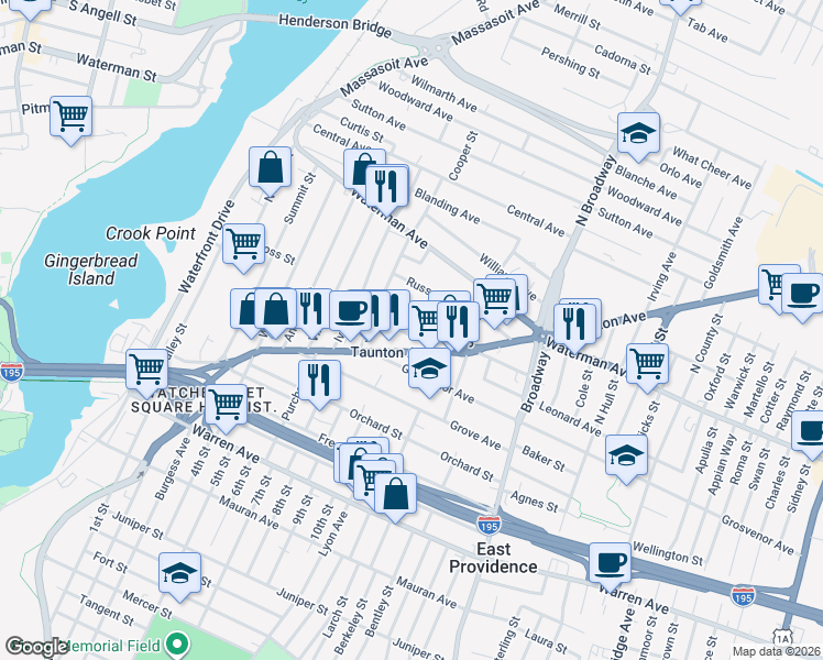 map of restaurants, bars, coffee shops, grocery stores, and more near 222 Taunton Avenue in East Providence