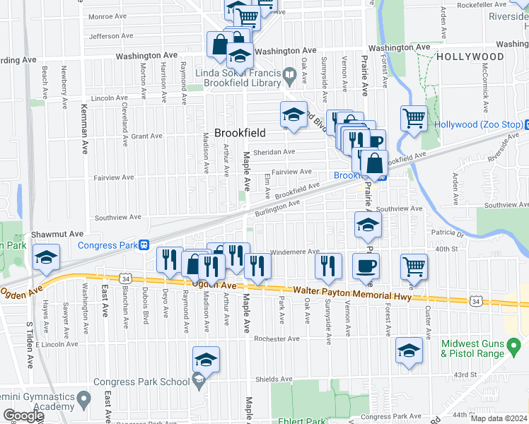 map of restaurants, bars, coffee shops, grocery stores, and more near 9118 Burlington Avenue in Brookfield