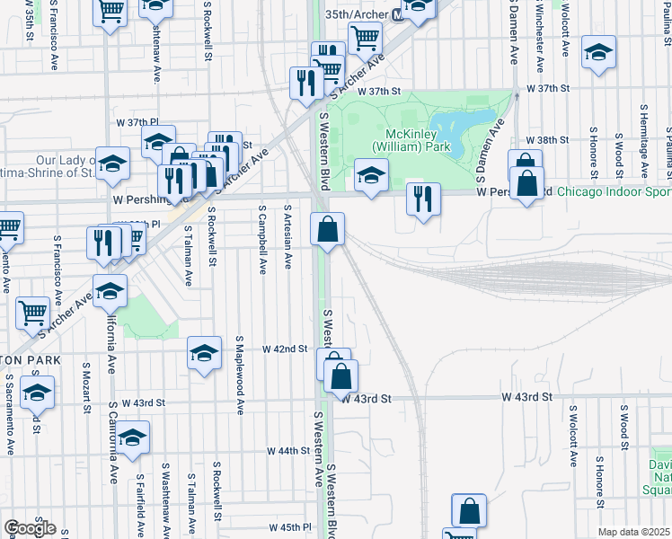 map of restaurants, bars, coffee shops, grocery stores, and more near 4033 South Western Boulevard in Chicago