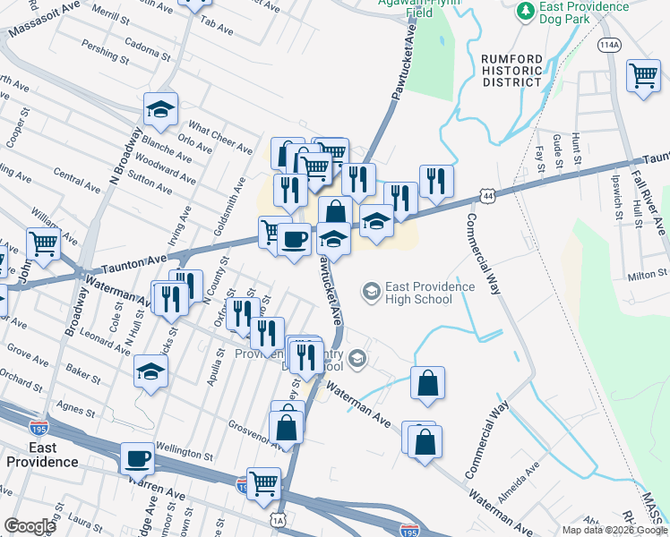 map of restaurants, bars, coffee shops, grocery stores, and more near 2000 Pawtucket Avenue in East Providence