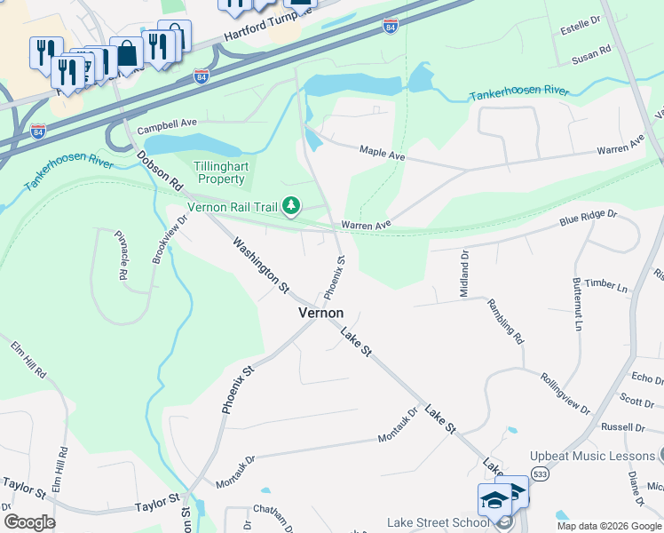 map of restaurants, bars, coffee shops, grocery stores, and more near 145 Phoenix Street in Vernon