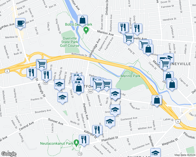 map of restaurants, bars, coffee shops, grocery stores, and more near 22 Barbara Street in Providence