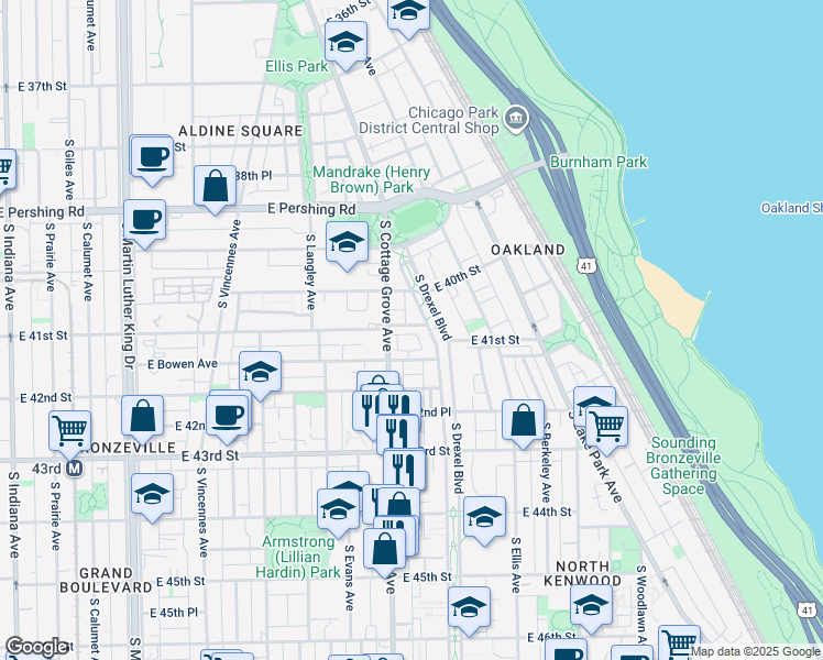 map of restaurants, bars, coffee shops, grocery stores, and more near 4123 Maryland Avenue in Chicago