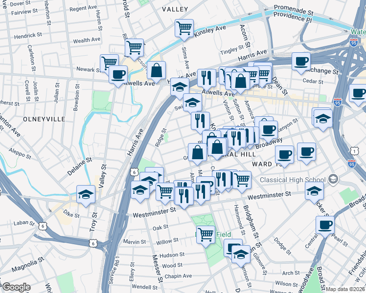 map of restaurants, bars, coffee shops, grocery stores, and more near 79 Ring Street in Providence
