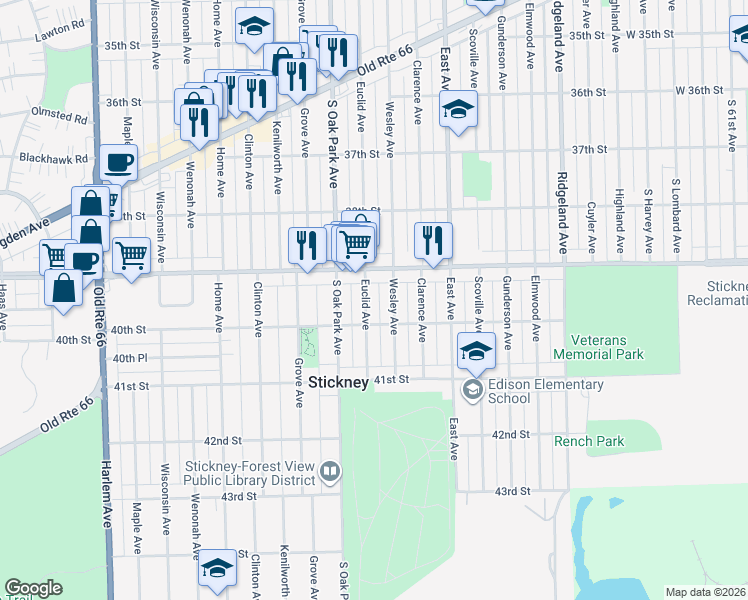 map of restaurants, bars, coffee shops, grocery stores, and more near 3925 Euclid Avenue in Stickney