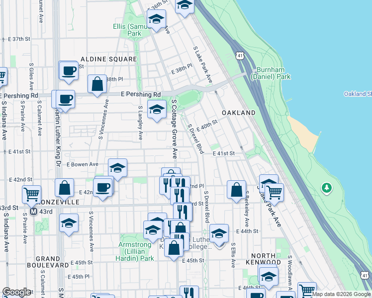 map of restaurants, bars, coffee shops, grocery stores, and more near 4123 Maryland Avenue in Chicago