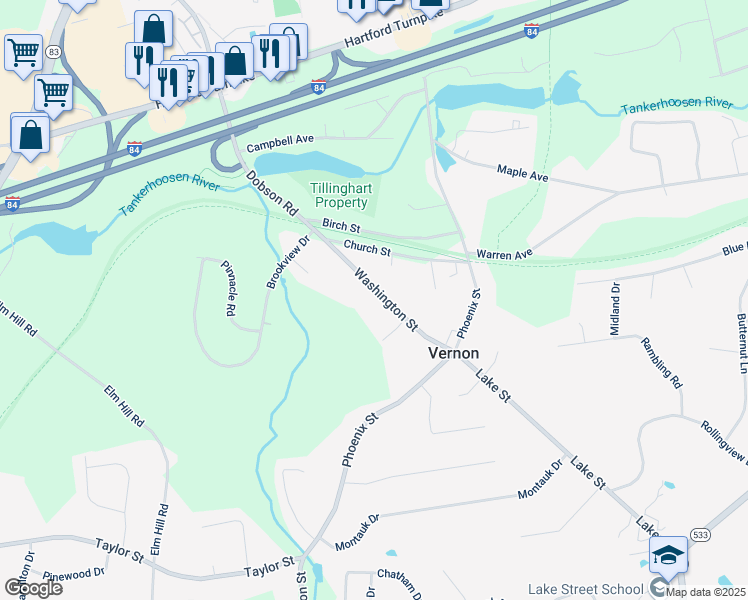 map of restaurants, bars, coffee shops, grocery stores, and more near 195 Washington Street in Vernon