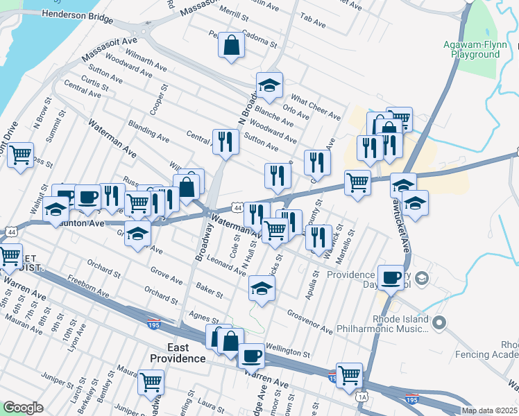 map of restaurants, bars, coffee shops, grocery stores, and more near 12 Cora Street in East Providence