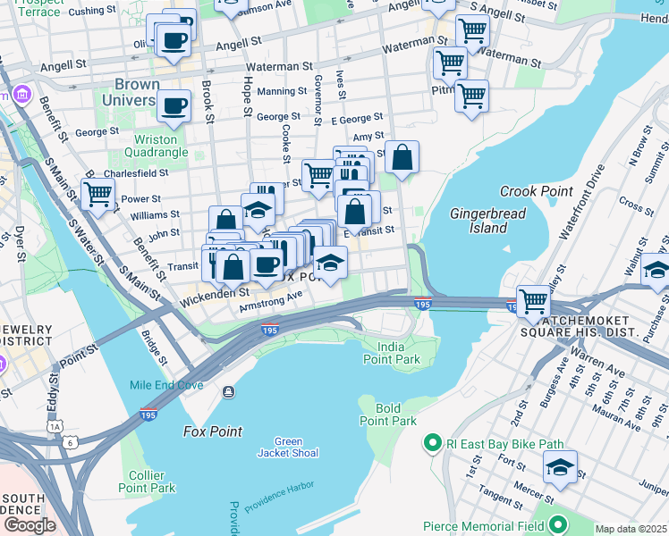 map of restaurants, bars, coffee shops, grocery stores, and more near 505 Wickenden Street in Providence