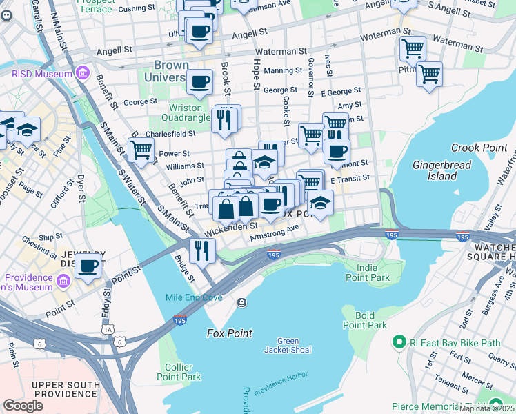 map of restaurants, bars, coffee shops, grocery stores, and more near 105 Sheldon Street in Providence