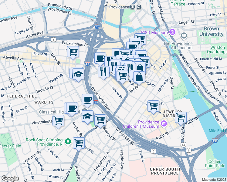 map of restaurants, bars, coffee shops, grocery stores, and more near 5 Cathedral Square in Providence