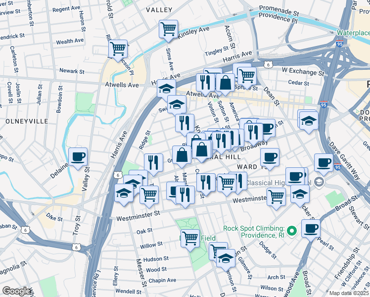 map of restaurants, bars, coffee shops, grocery stores, and more near 84 Courtland Street in Providence