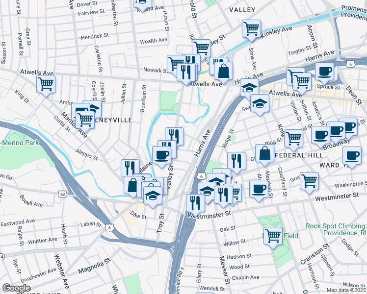 map of restaurants, bars, coffee shops, grocery stores, and more near 280 Grove Street in Providence