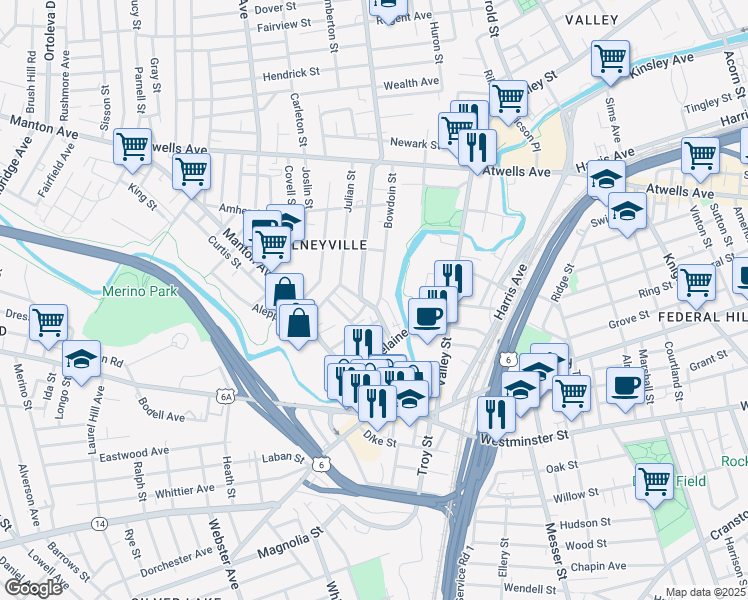 map of restaurants, bars, coffee shops, grocery stores, and more near 3 Bowdoin Street in Providence