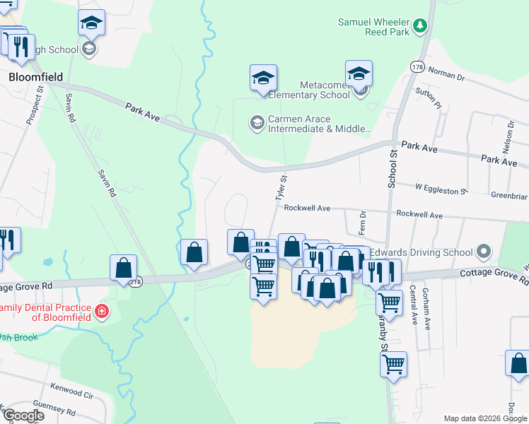 map of restaurants, bars, coffee shops, grocery stores, and more near 38 Tyler Street in Bloomfield