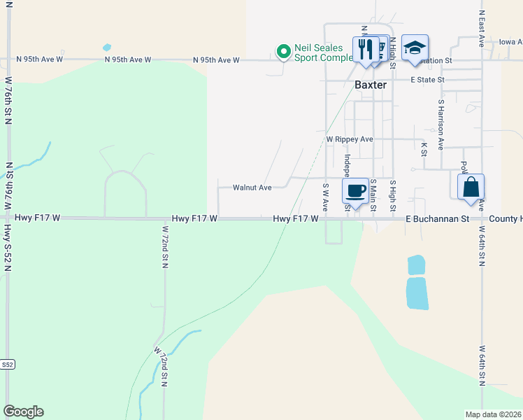 map of restaurants, bars, coffee shops, grocery stores, and more near in Baxter