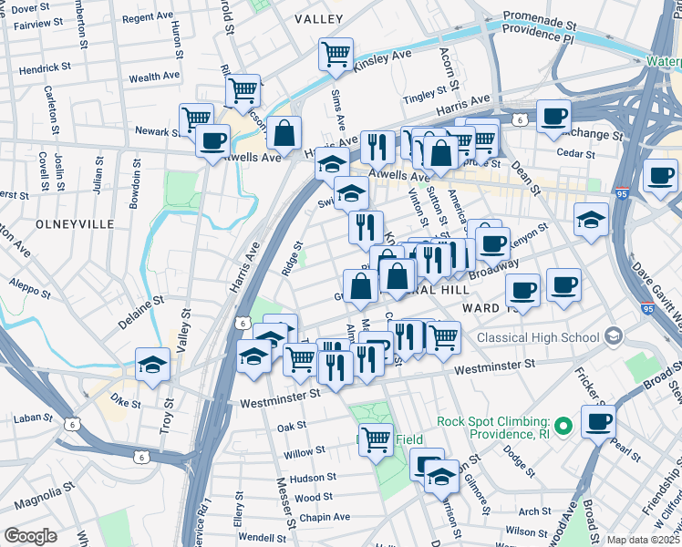 map of restaurants, bars, coffee shops, grocery stores, and more near 129 Almy Street in Providence