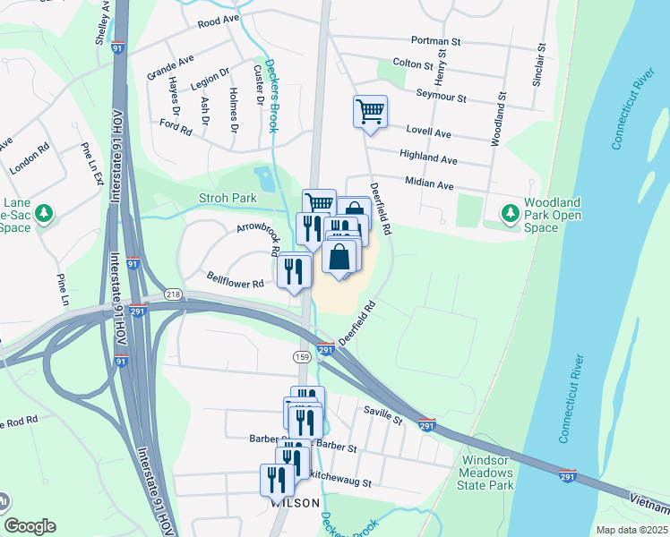 map of restaurants, bars, coffee shops, grocery stores, and more near 534 Windsor Avenue in Windsor