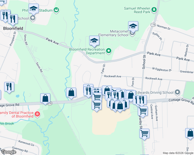 map of restaurants, bars, coffee shops, grocery stores, and more near 38 Tyler Street in Bloomfield